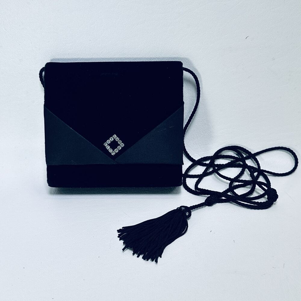 Black Velvet Evening Handbag Purse Formal Crossbody Cord Rope Strap Tassel